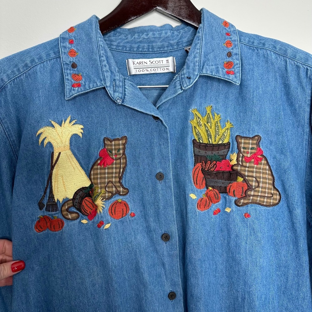 Karen Scott II Women's Denim Shirt‎ Fall Cats Pumpkins Corn Embroidery 2X - Picture 2 of 9